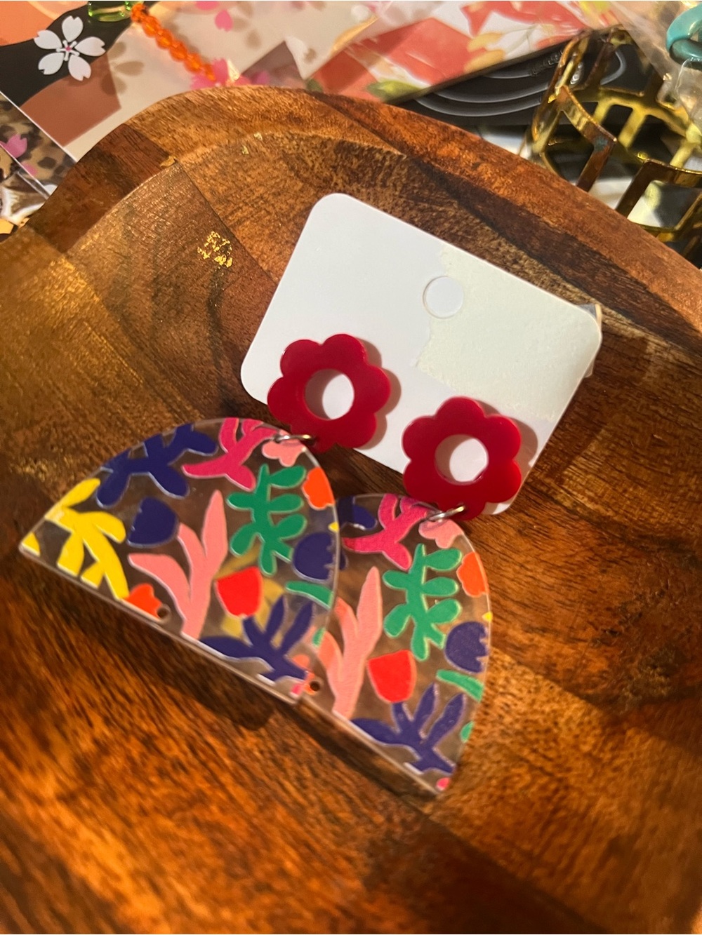 Red Floral Drop Earrings with Multicolor Arch Panels by